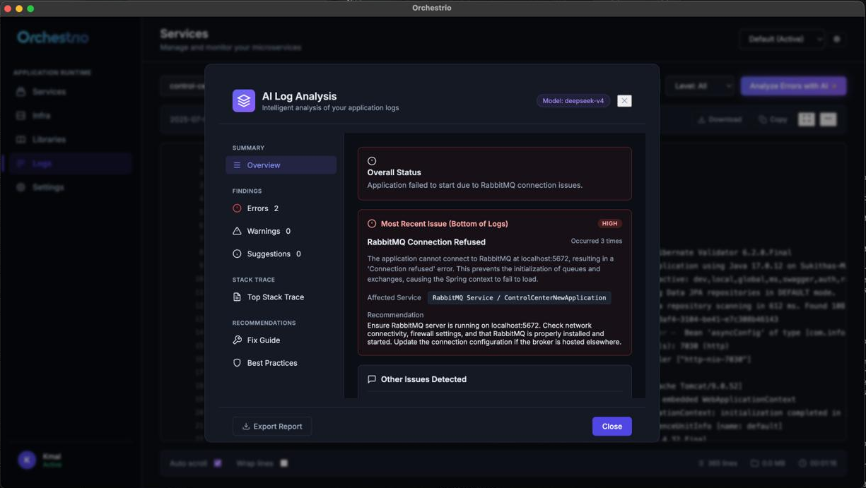 AI Log Analysis panel identifying a RabbitMQ connection issue with a recommended fix