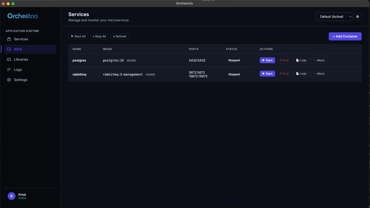 Infra tab showing PostgreSQL and RabbitMQ containers with start, stop and log controls