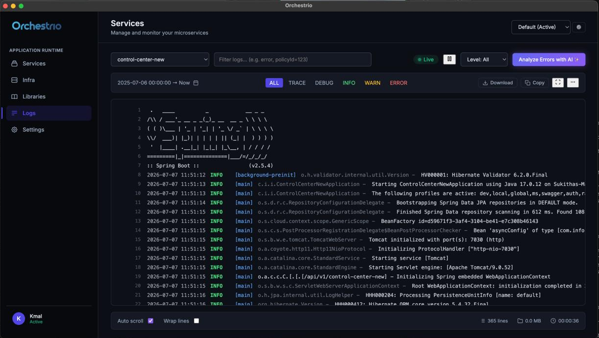 Live log stream for all running services